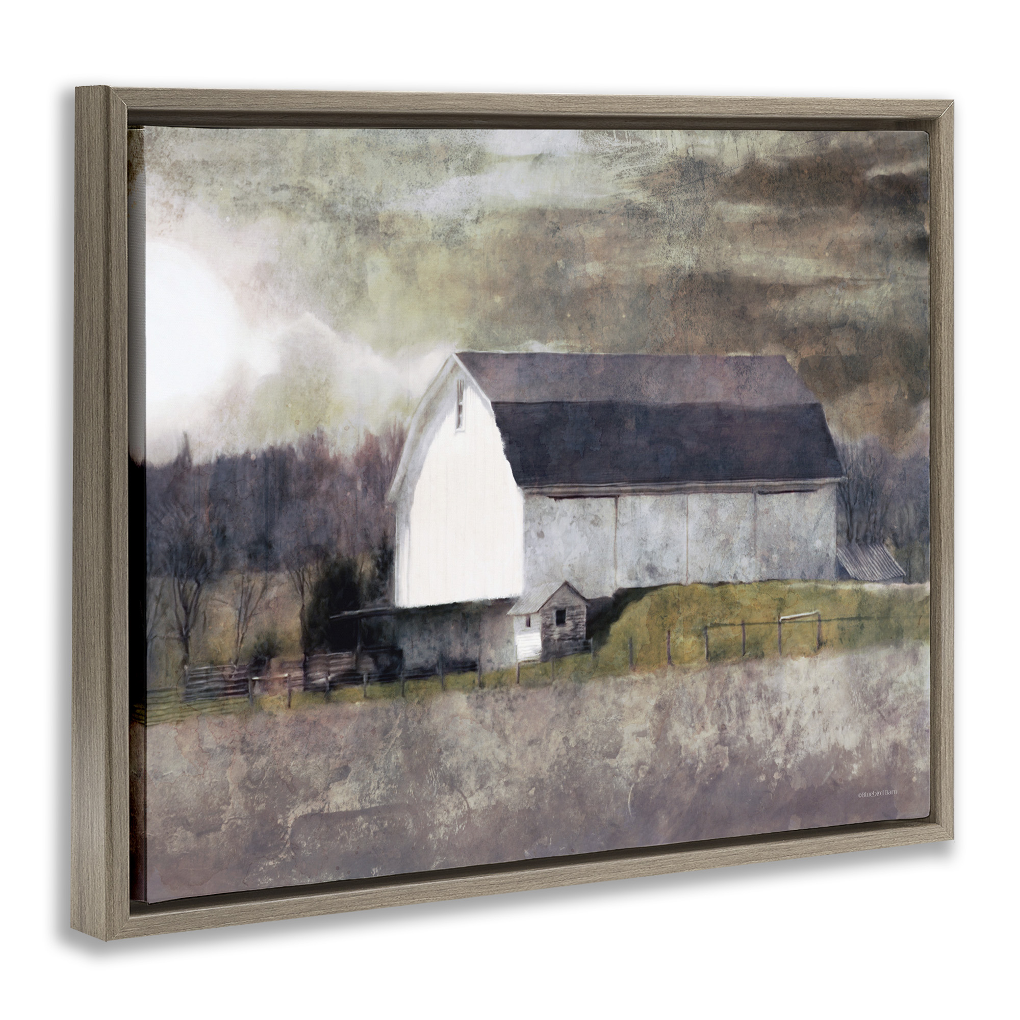 Stupell Industries Stormy Sky Country Farm Barn Landscape Painting Brown Floater Framed Canvas Art Print Wall Art, 31 x 25