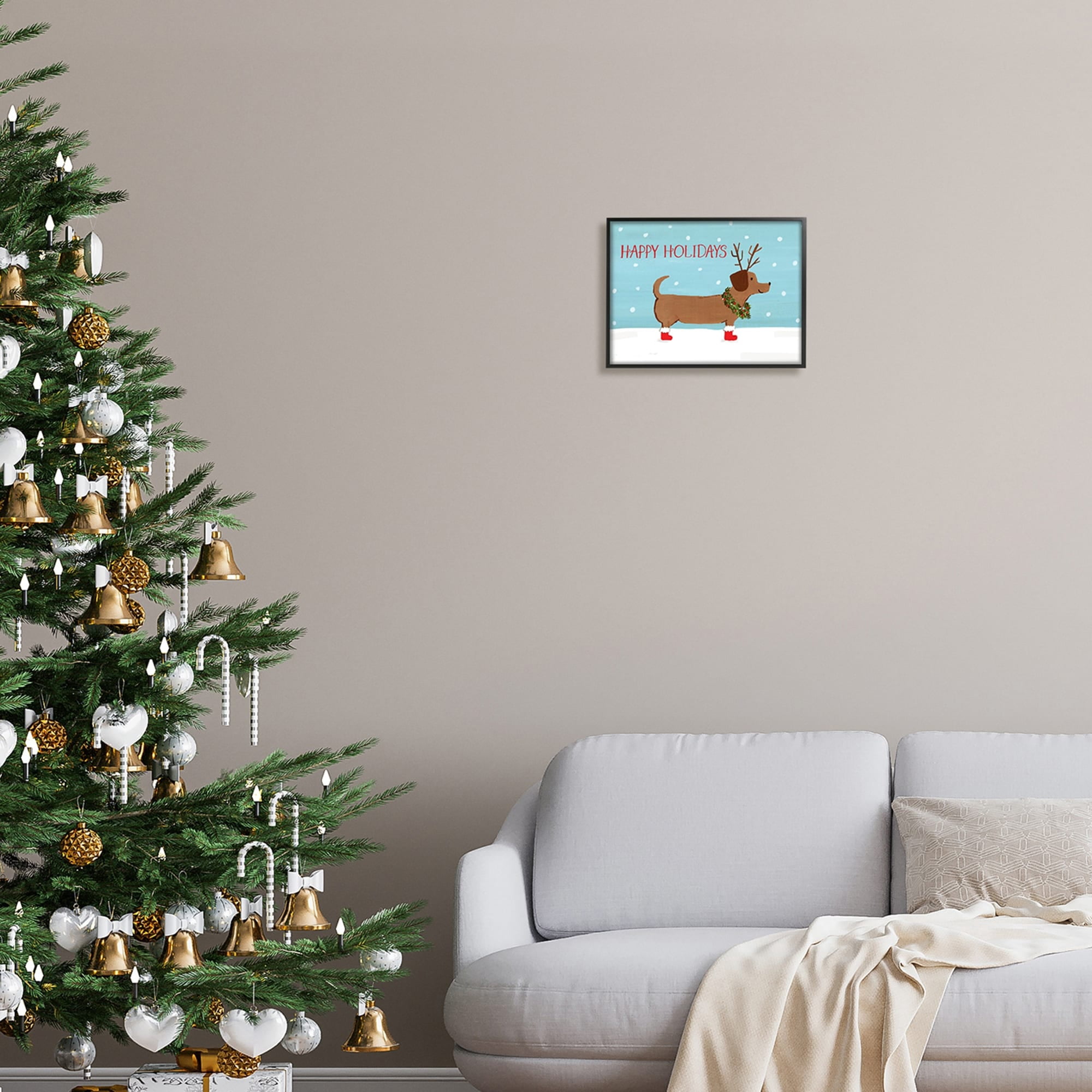 Happy Holidays Text Dog Wearing Antlers Snow Scene Animals & Insects Painting Framed Art Print Wall Art