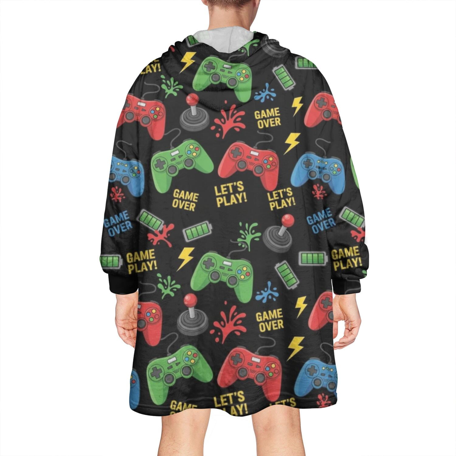 Wearable Oversized Blanket,Green Red Controllers Games Icons Black Pattern Wearable Blanket Hoodie for Adults,Cozy Hooded Blankets with Super Pockets,Super Warm Fuzzy Pullover for Women & Men