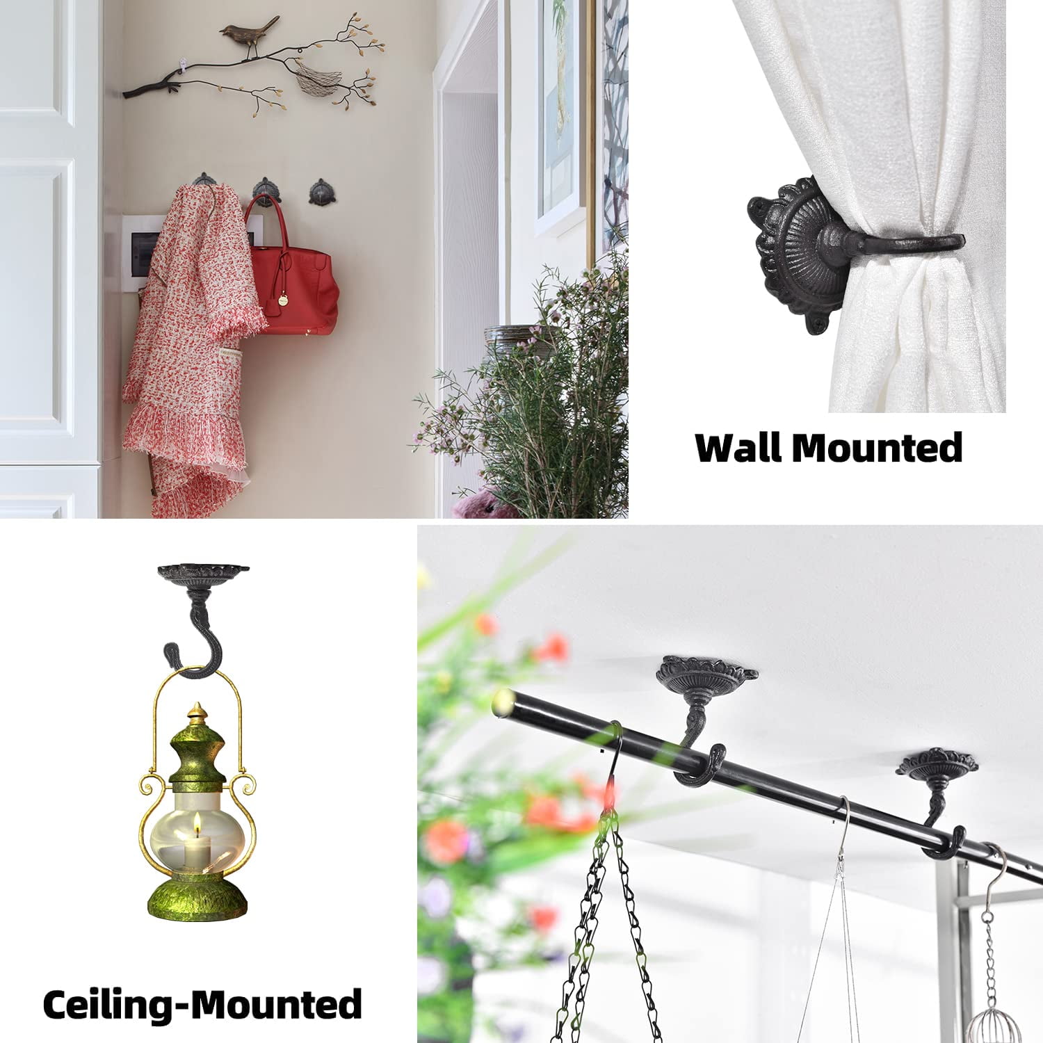 Sungmor Ceiling Hooks for Hanging Plants, 3PC Black Cast Iron Ceiling Hooks, Antique Decorative Ceiling Swag Hooks for Hanging Planter Chandelier Wind Chime Lantern Hanger