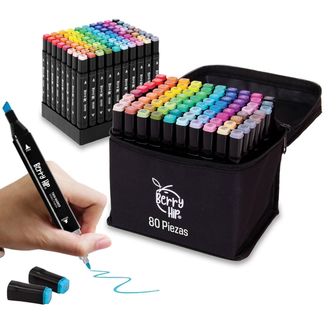 Kit Marcadores Doble Punta Plumones 80 Colores Estuche Tela Berry Hip EMA80BH