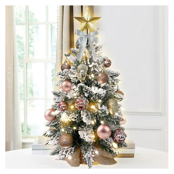 22in Flocked Mini Christmas Tree with Lights - Tabletop Woodland Tree - Small Artificial Christmas Decoration - Holiday Ornaments for Home & Office