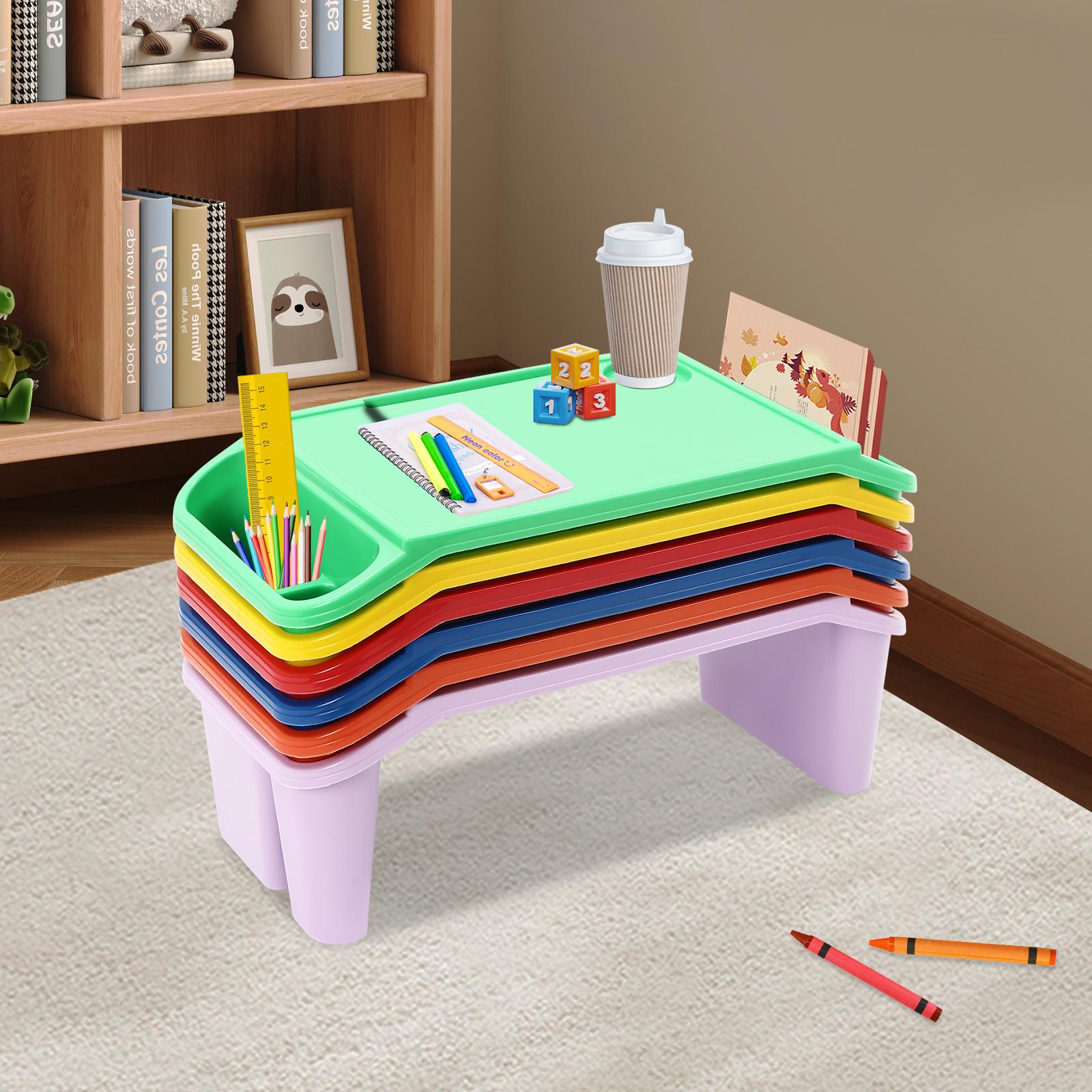 Peakora 6PCS Kids Lap Desk Tray, Portable Lap Desks with Side Pockets, Plastic Breakfast Lap Desk Trays for Writing Eating Game Classroom