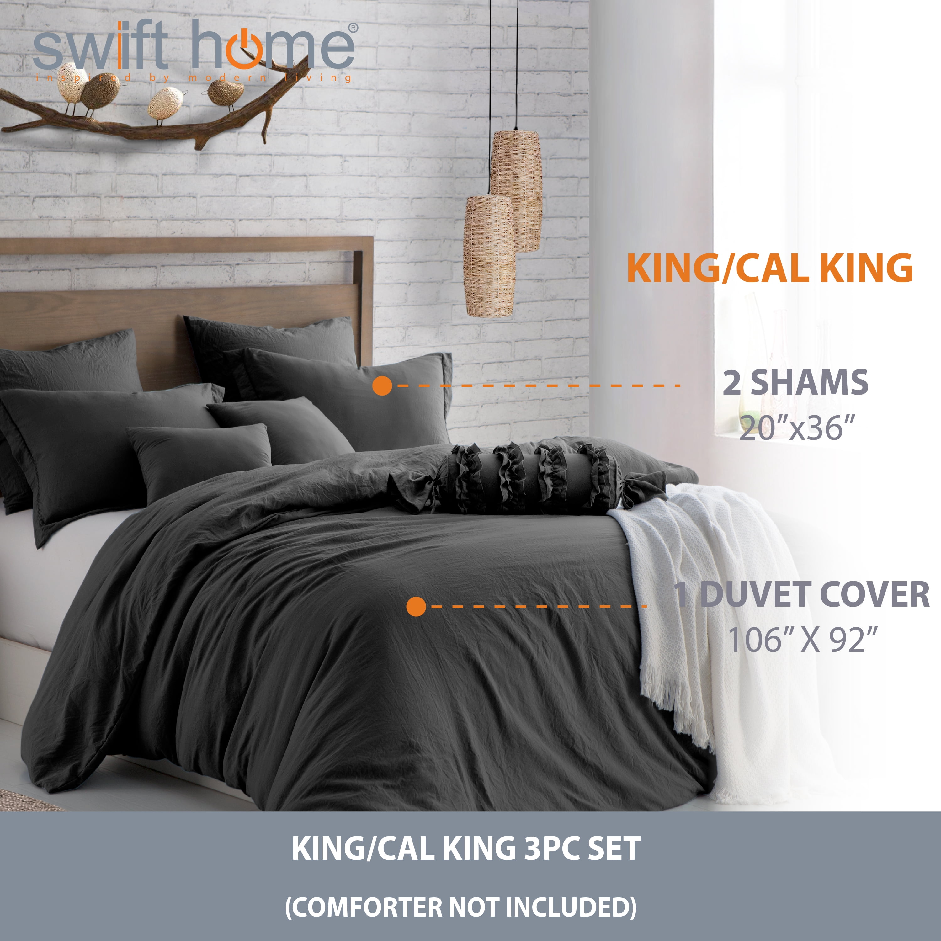 Swift Home Ultra Soft Crinkled Texture Pre-Washed Duvet Cover & Sham Set (Comforter not Included), King/Cal King (106"x 92"), Charcoal Grey