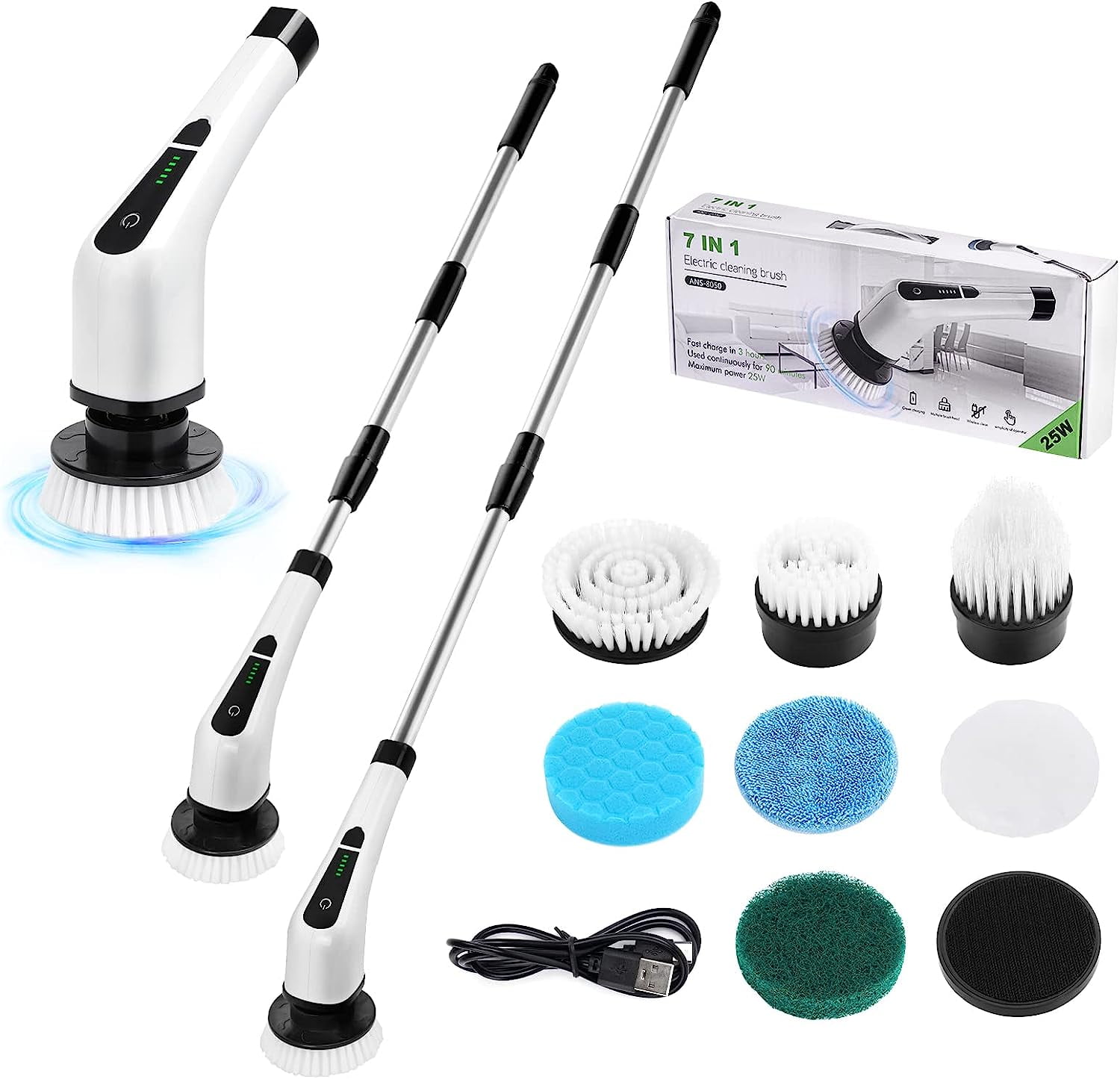 Electric Spin Scrubber, Electric Bathroom Cleaning Brush, LHPY Upgraded Version with 7 Replacement Brush Heads and Extension Handle, Suitable for Cleaning Walls, Floors, bathrooms, Kitchens, Cars
