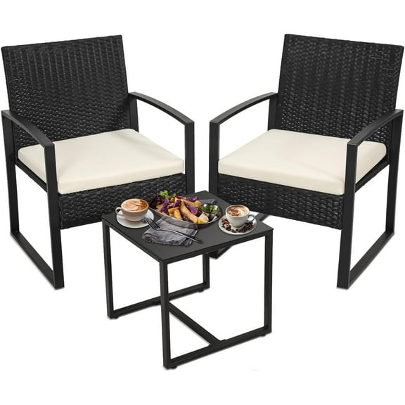 Tappio 3 Piece Outdoor Wicker Bistro Furniture Set, PE Rattan Chairs Porch Furniture Set w/Cushions & Glass Table for Yard Garden Balcony, Beige