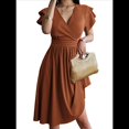 thumbnail image 2 of Summer Midi Dress 2025 Spring V Neck Cocktail Wedding Guest A Line Fit and Flared Dresses Light Brown L, 2 of 7