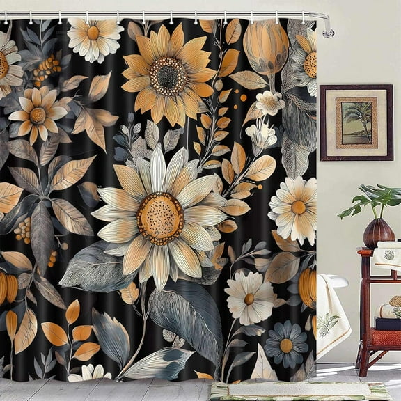 Boho Floral Shower Curtain, Black Abstract Bohemian Flowers Botanical Leaf Bathroom Curtain, Vintage Mid Century Modern Waterproof Fabric Bathroom Accessories with Hooks 60X70 inches