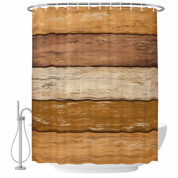 Farmhouse Yellow Brown Shower Curtain, Waterproof Shower Curtains for Bathroom, Vintage Wooden Striped Washable Fabric Bathtub Curtain Set Bath Decor with 12 Hooks Long 72"x84"