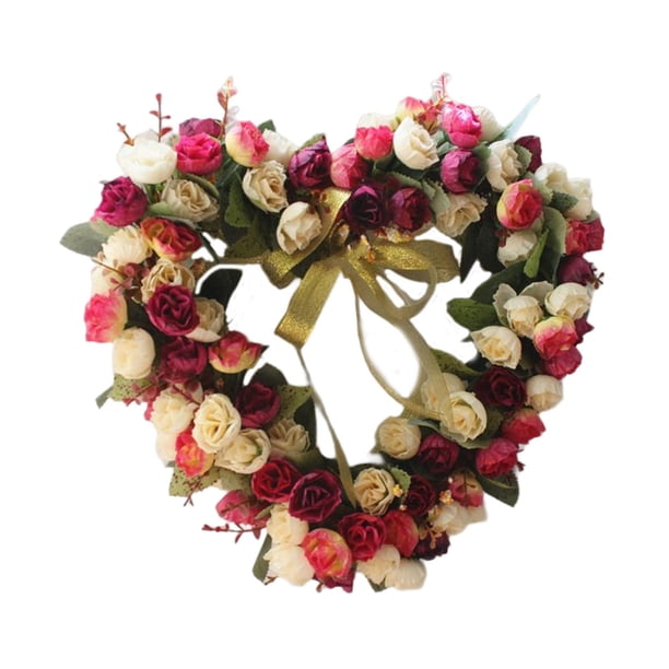 Corona de puerta en forma de corazón Corona de rosas artificiales para el de San Valentín a mano Vino Amarillo Yuyangstore Corona colgante de puerta delantera