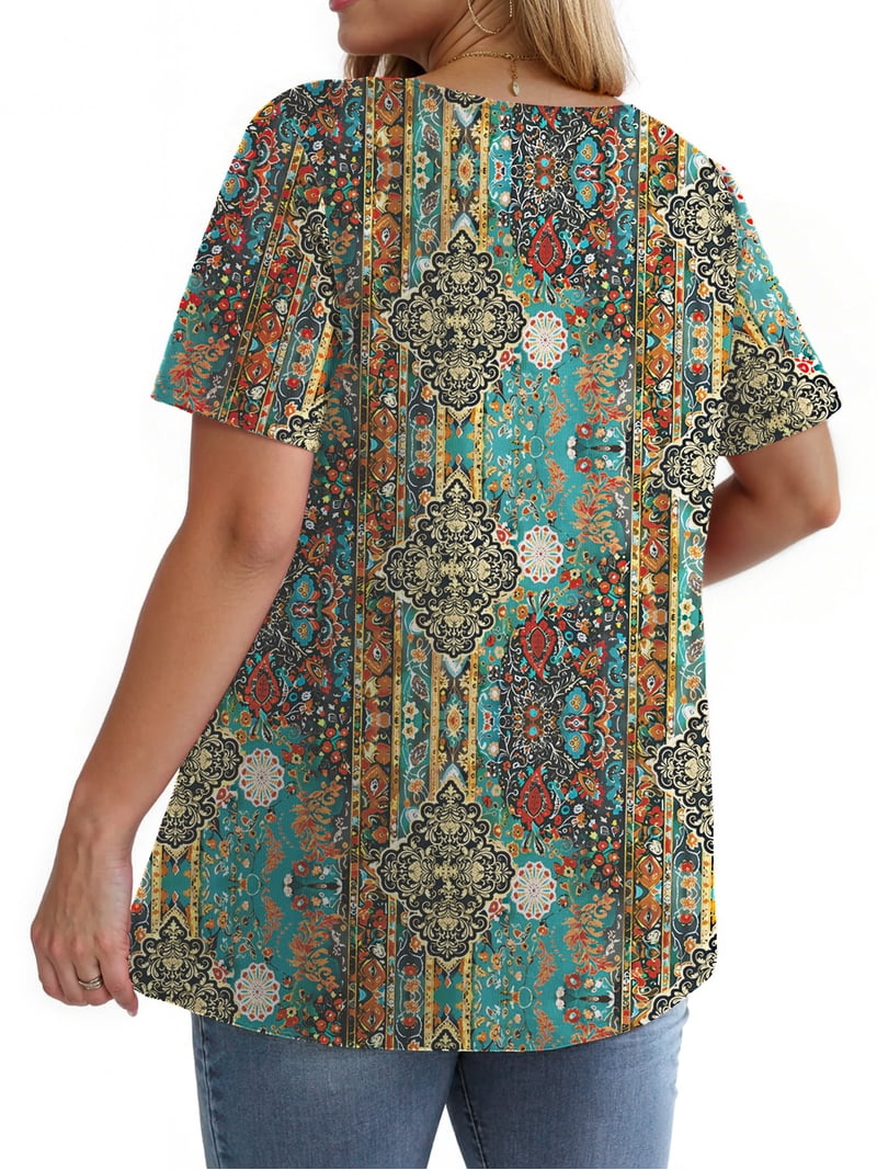 WellSize Plus Size Women Tops Casual V Neck Blouses Summer Short Sleeve ...