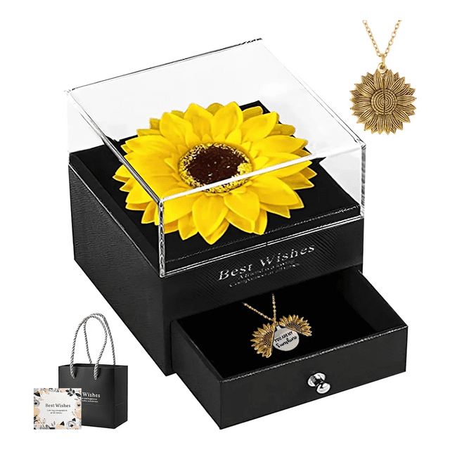 Regalo Para Mujer Girasol Flores Eternas Artificiale +collar Xtellar amarillo