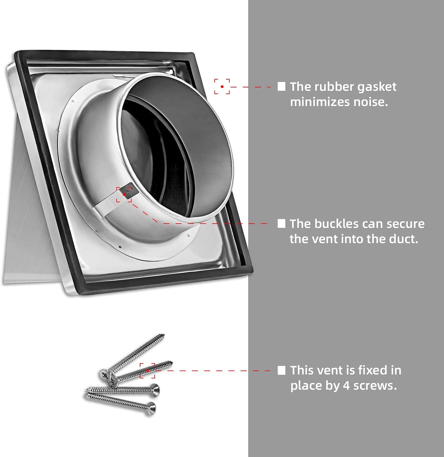 6-inch external extractor wall vent with cushioned non-return flap, stainless steel outside