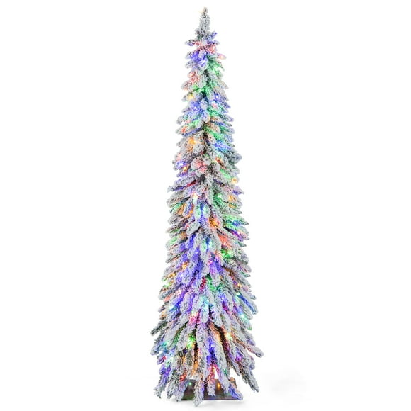 Costway 6 FT Pre-Lit Slim Christmas Tree Flocked Xmas Decoration 11 Modes 250 LED Lights
