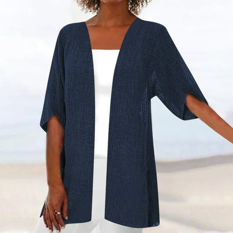 Jggspwm Cotton Linen Cardigans for Women Loose Casual Long Sleeved Open Front Breathable Cardigans Navy XXL Women s Size 2XL Blue