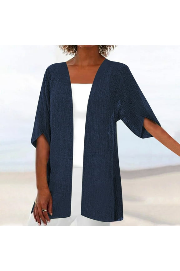 Women's Lightweight Linen Cardigan Sweater Loose Casual Open Front 3/4 Sleeve Summer Fall Beach Cover Ups Cardigan Outerwear (Available in Plus Size)