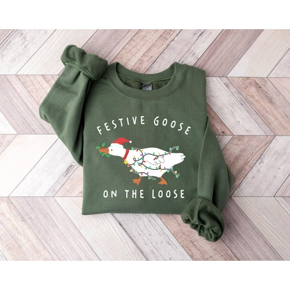 Festive Goose On The Loose Embroidered Sweatshirt | Funny Holiday Animal Crewneck Pullover