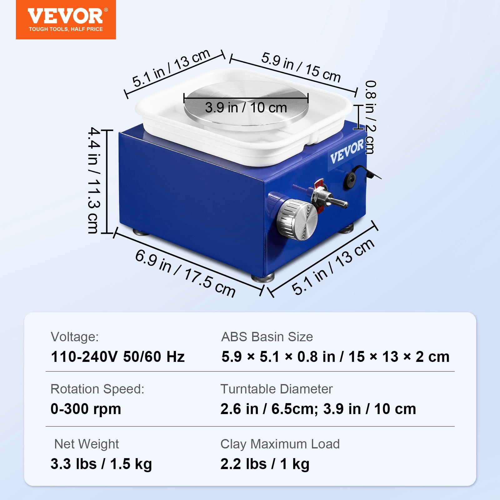 VEVOR Mini Pottery Wheel, for Kids or Beginners, 2 Turntables 2.6in/3.9in Ceramic Wheel Machine, Adjustable 0-300RPM Speed ABS Detachable Basin, 17 Pottery Accessories, Work Art Craft DIY, 30W, Blue