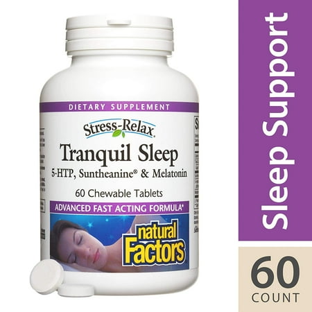 - Stress-Relax Chewable Tranquil Sleep by , Sleep Aid with Suntheanine L-Theanine, 5-HTP, Melatonin, Tropical Fruit Flavor, 60 Tablets (30 Servings) Natural Factors - 60 Chewable Tablets - Standard Pack