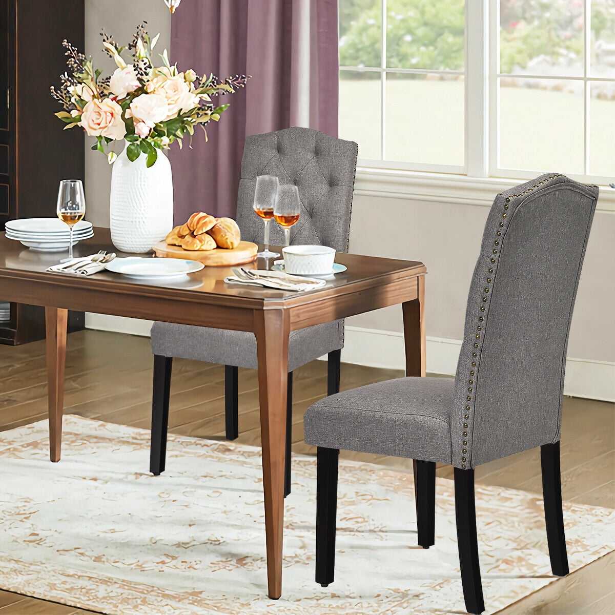 Gymax Set of 4 Tufted Upholstered Dining Chair w/ Nailhead Trim & Rubber Wooden Legs