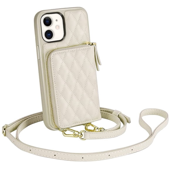 Wallet Case Compatible with iPhone 11, Card Holder Case with Wrist Strap Quilted Leather Crossbody Wallet Case for Women Shockproof Case Compatible with iPhone 11, 6.1"-Beige