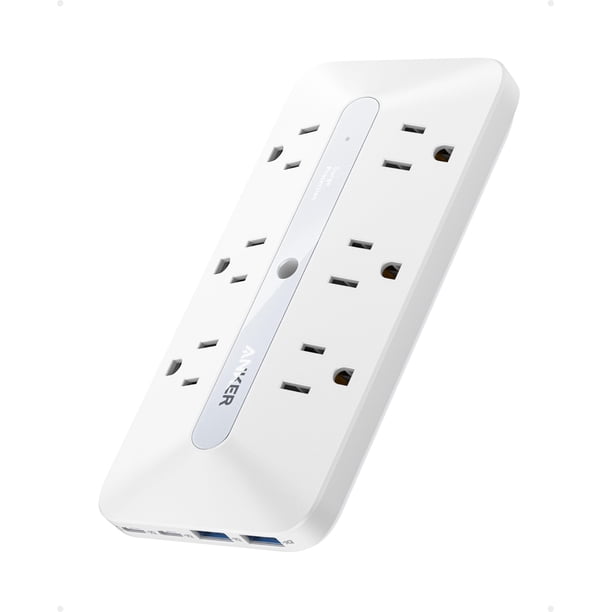 Anker Cargador de pared, protector contra sobretensiones 300J, extensor de salida 10 en 1, 6 CA, 2 puertos USB A, 2 puertos USB C, tomas de amplio espacio y carga rápida de 20 W, estación de carga de