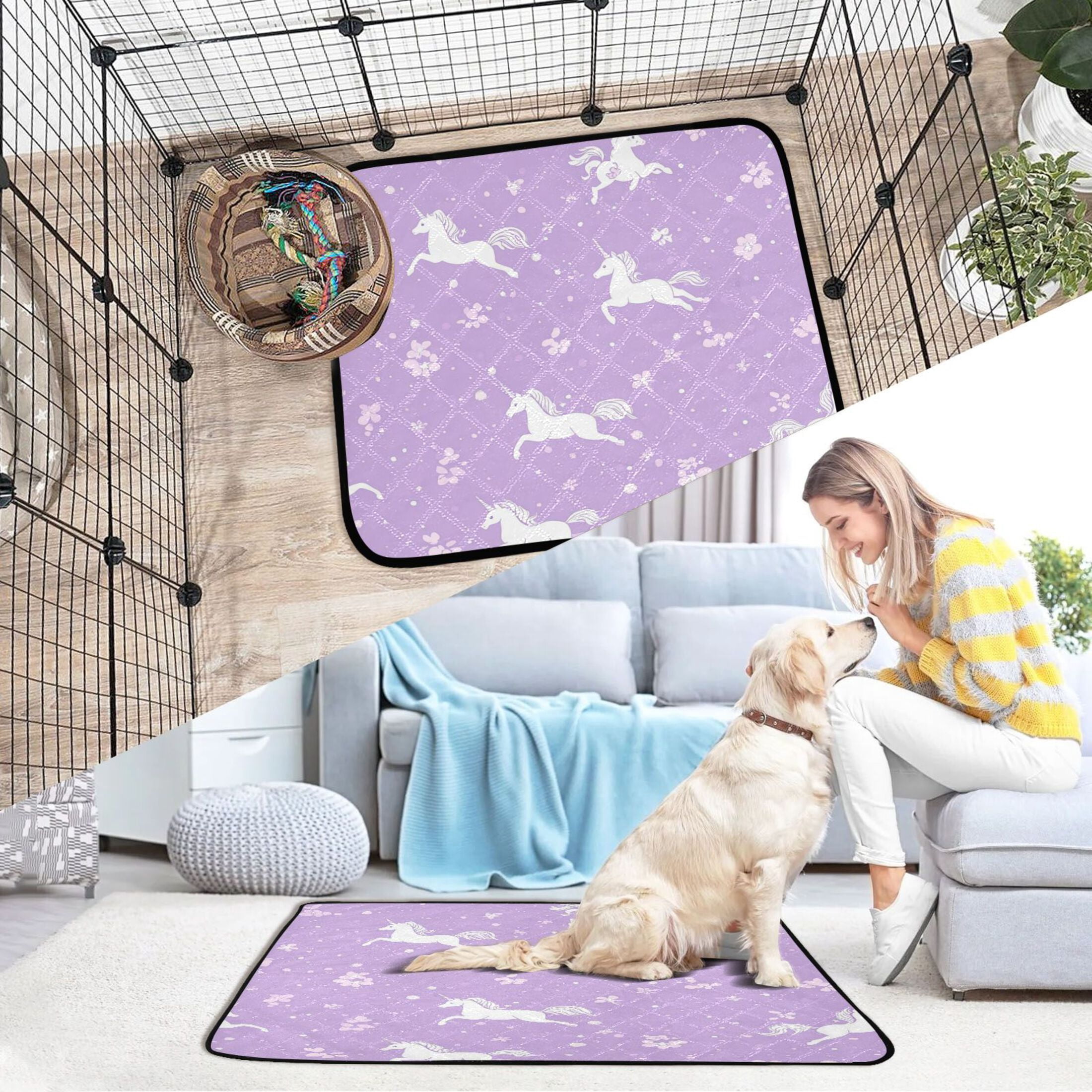 Qxltty Pattern with Flying Unicorns and Flowers Cat litter Pads Pet Set of 3 Diaper Mats Center Anti-leakage Layer Absorbent Soft and Comfortable