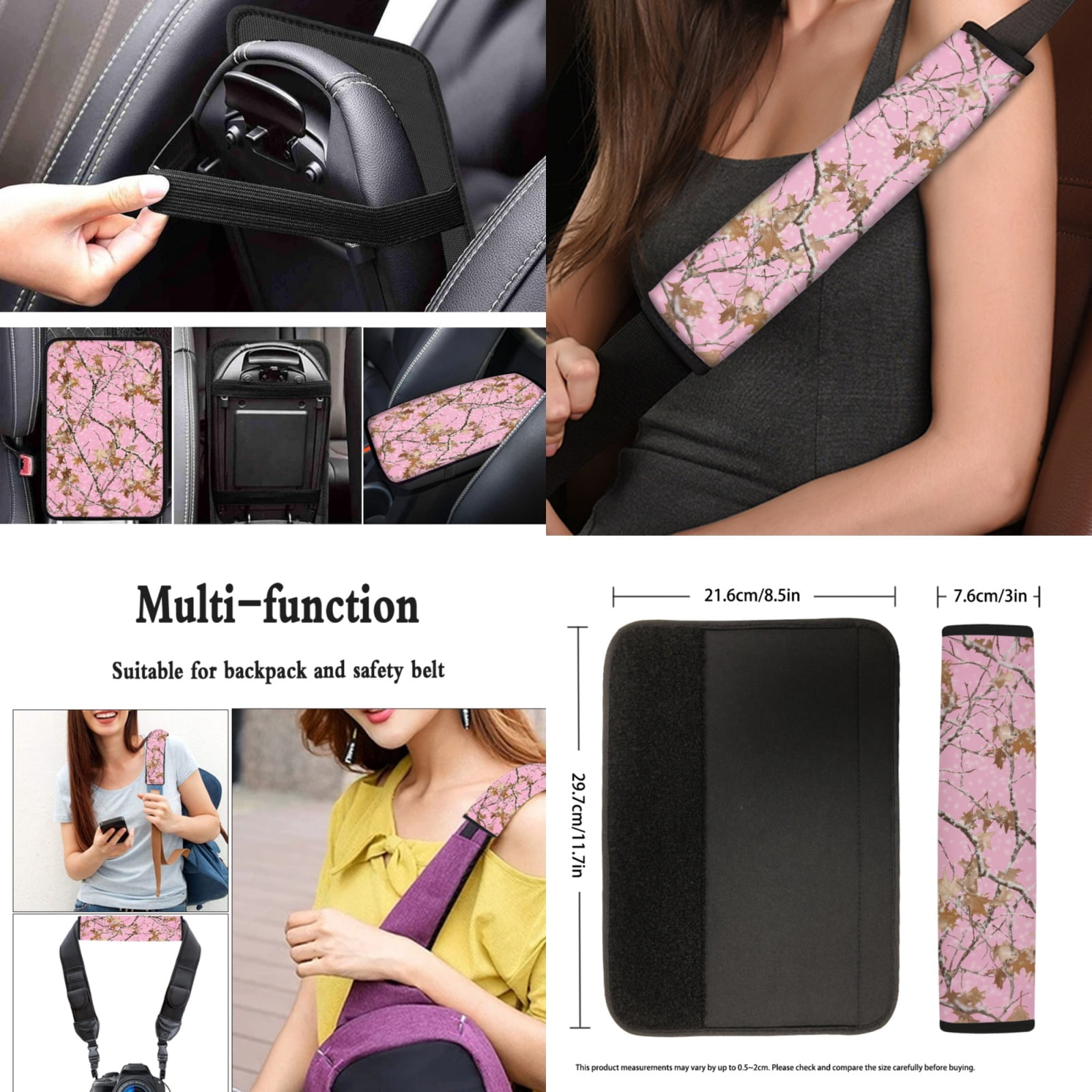 Yuyamidu 13 PCS Camo Hunting Car Seat Covers Set Pink Wood Steering Wheel Cover Seat Belt Covers Car Armrest Cover Cushion Coasters Lipstick Holder Keychain Auto Interior Accessories