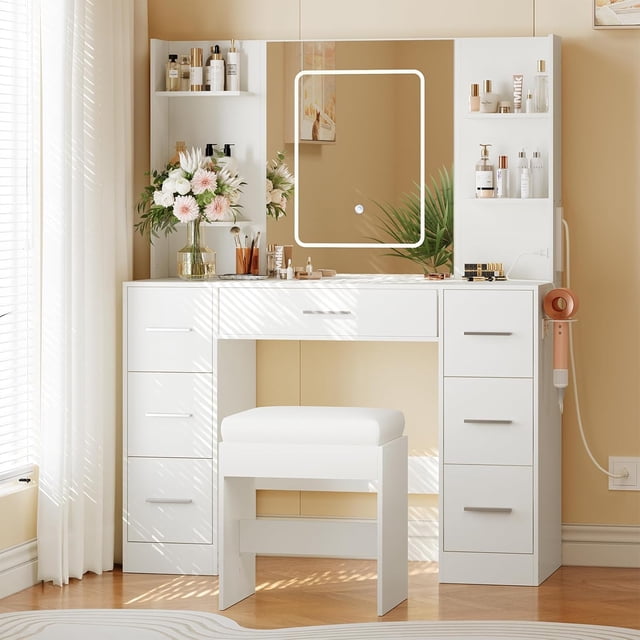 Twister.CK 7 Drawers Vanity Desk Set with Mirror, 3 Color LED Lights and Power Outlet, Makeup Vanity Table with Chair, Hair Dryer Rack, Dressing Table for Bedroom, White