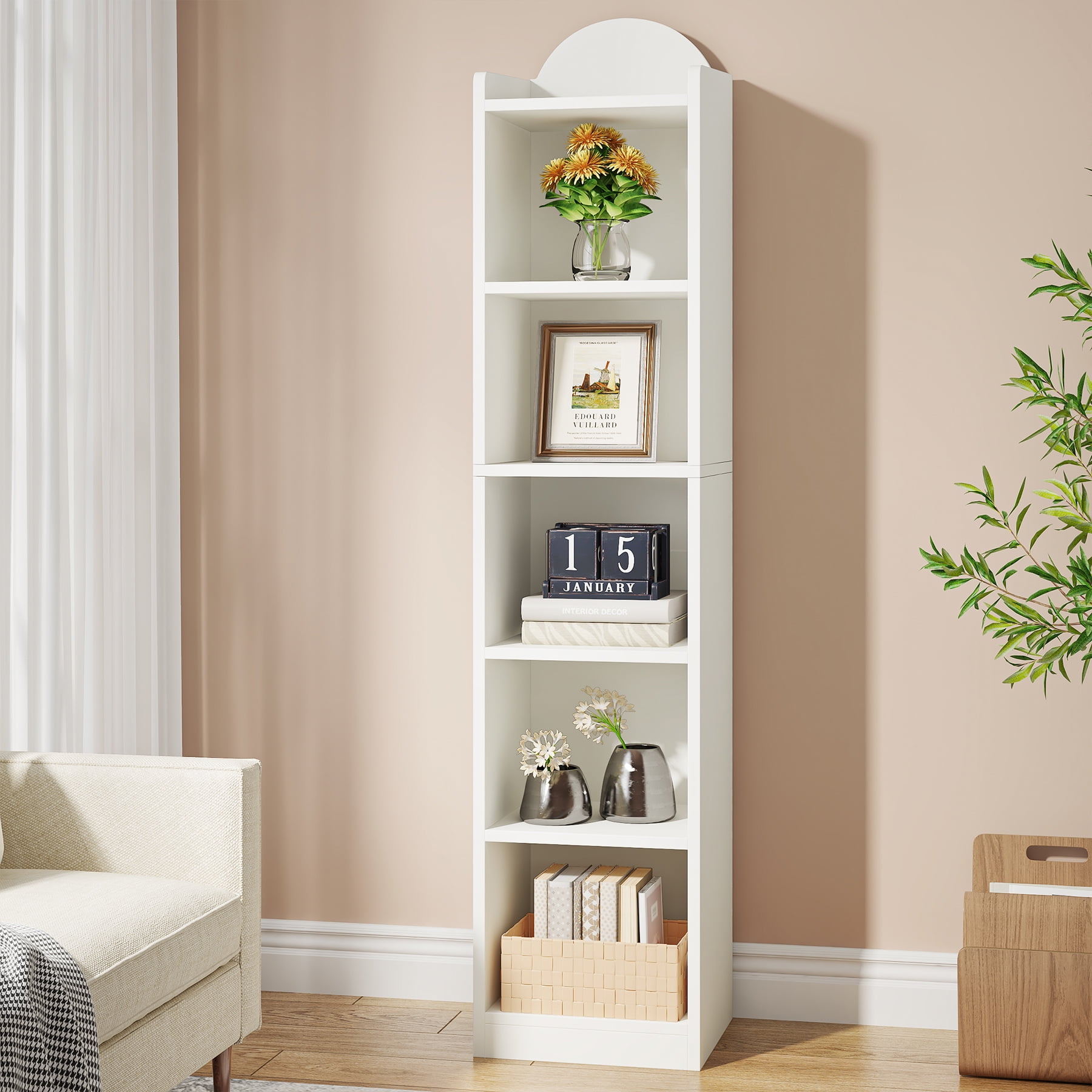 Tribesigns White Narrow Bookshelf, Tall Skinny 5 Cube Storage Organizer Bookcase, Corner Slim 6