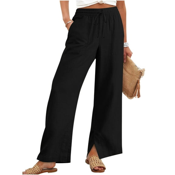 Plus Size Linen Pants for Women with Side Split Casual Summer Wide Leg Elastic High Waisted Baggy Pants Solid Color Lounge Pants with Pockets Black Pant,Size S-4XL