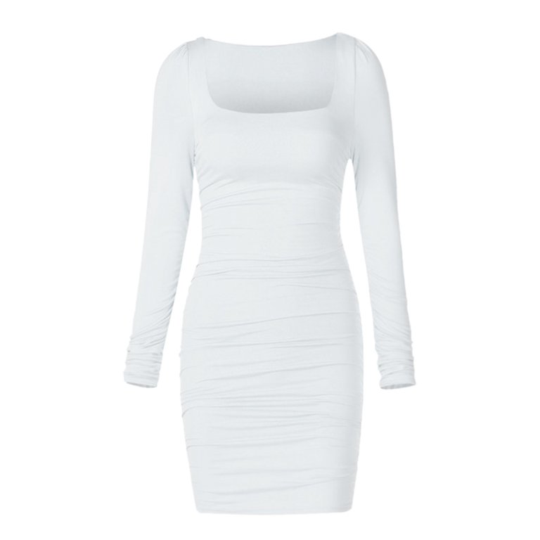 long sleeve white graduation dress Alexandranx Asymmetrical Pleated Midi Women's Wedding Guest Cocktail Slim Fit Flared Hem High Waist A-Line Vintage E,XS The dress is a perfect combination of elegance and charm Long Sleeve White Graduation Dress