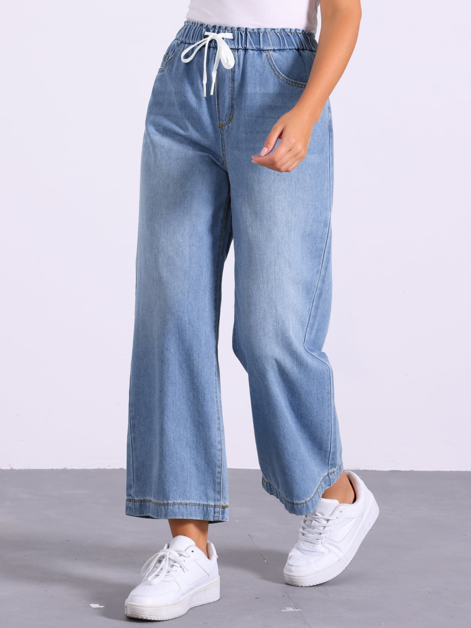 DARING DIVA Women's Trendy Elastic Waist Wide Legs Drawstring Jeans S Light Blue