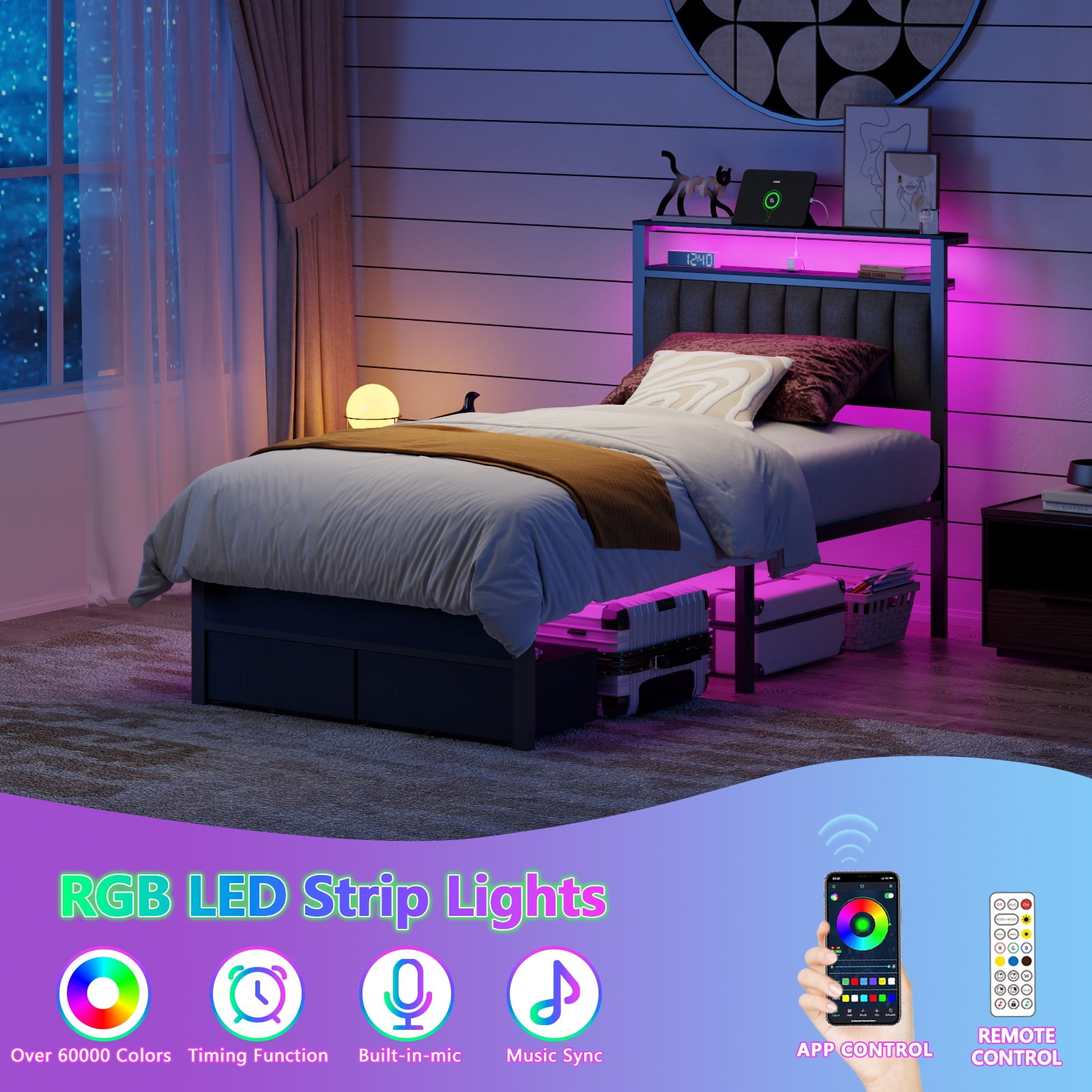 BYT Twin Bed Frame with 2 Drawers & Storage Headboard, Platform Metal Bed with 2 USB Ports and Outlets, No Box Spring Needed