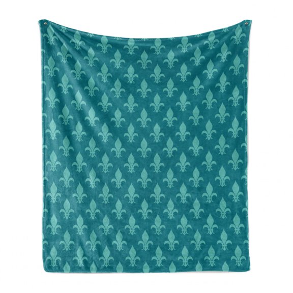 Fleur de Lis Soft Flannel Fleece Throw Blanket, Classical Retro Style Victorian Damask Pattern with Oriental Effects Image, Cozy Plush for Indoor and Outdoor Use, 60" x 80", Teal, by Ambesonne