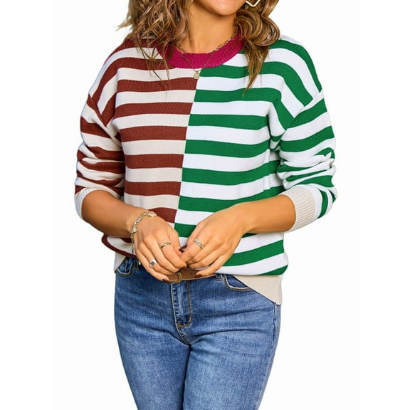 Women'S Crewneck Color Clock Striped Cable Knit Sweaters for Trendy Fall Outfits Green M