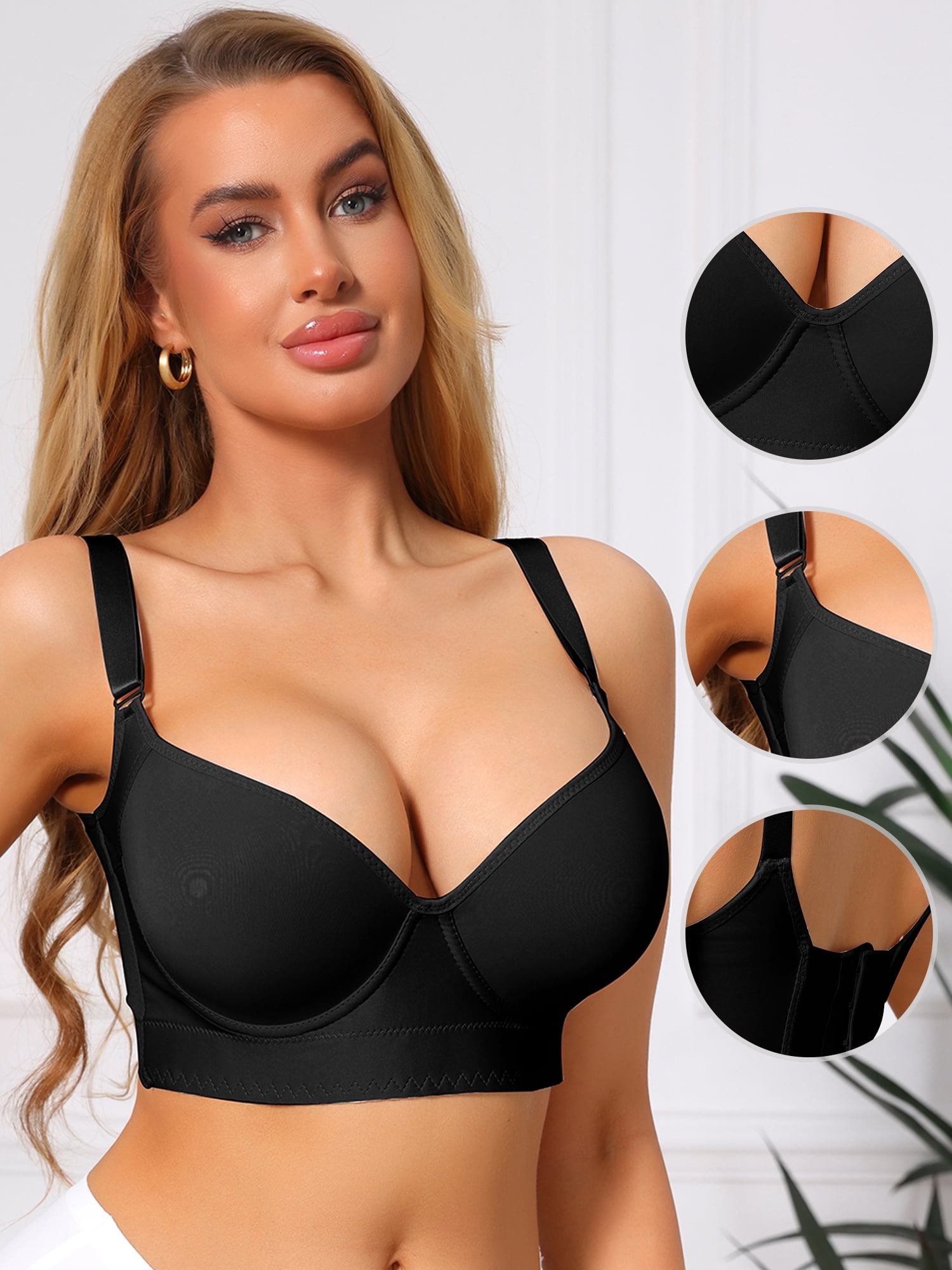 DARING DIVA Women's Plus Size Full Coverage Underwire Bra Push Up Plunge E 34 Black