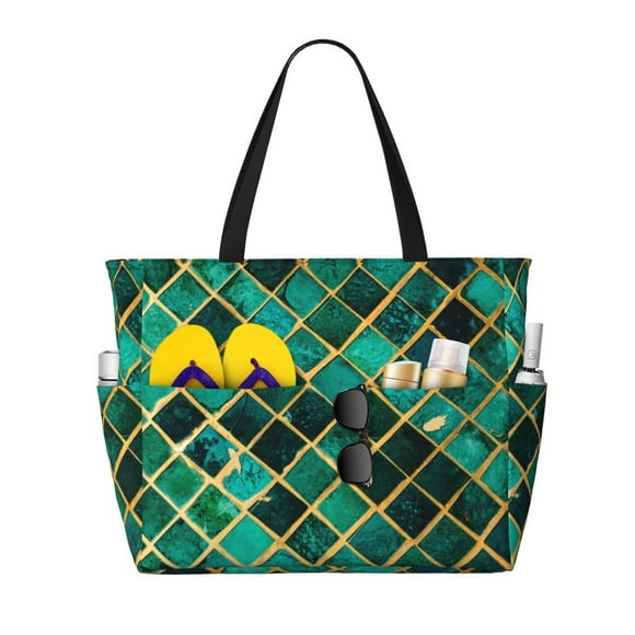 Disketp Green Mosaic Glass Bolsa de Playa de Gran Capacidad, Bolso Impermeable y a Prueba de Arena para Mujer, Ideal para Playa, Piscina y Natación