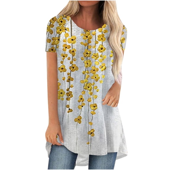 Homenesgenics Womens Tops under $5 Free Shipping Women's Summer Printed Round-Neck Loose Short Pullover Sleeve Tops Blouse Gifts for Women