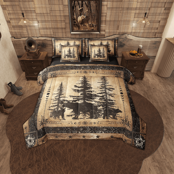 Rustic Bear Comforter Set Queen 7 Piece Woodland Wildlife Hunting Bed In A Bag Farmhouse Cabin Lodge Bedding Comforter Sets Adults Men Black Retro Country Animal Bed Set
