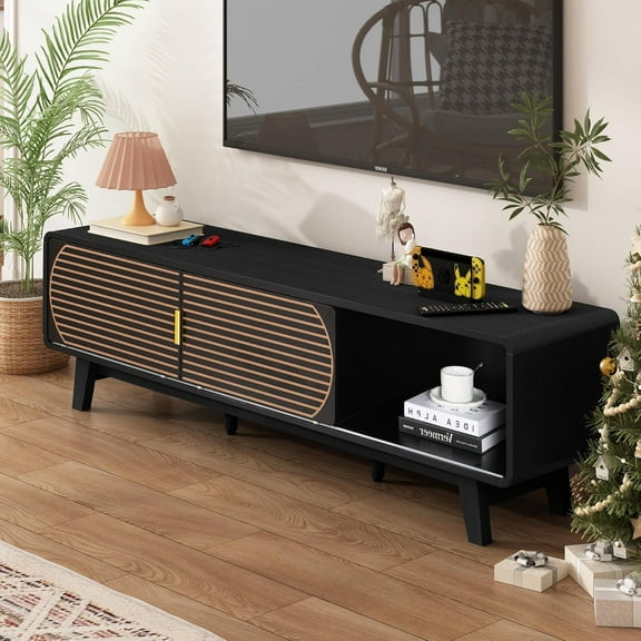 Mid Century Modern TV Stand for 55/60/65 Inch TV, 63" TV Console Table with Fluted Sliding Doors, Entertainment Center and Media Console with Storage for Living Room (Black)