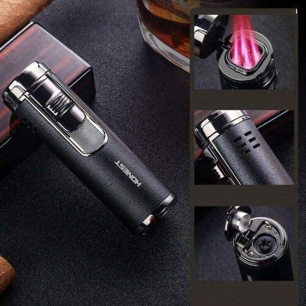 Windproof Quad 4 Nozzles Jet Flame Lighter Refillable Butane Gas Fuel Adjustable Four Jet Flames Lighter with Punch - Black