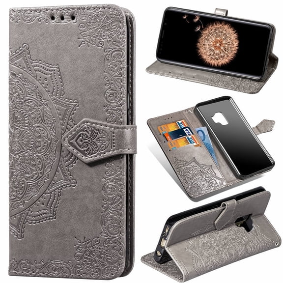 Galaxy S9 Wallet Cases and Covers, Allytech Slim Premium PU Flip Stand Cover Mandala Embossed Full Body Protection with Card Holder Magnetic Closure for Samsung Galaxy S9 Phone, Gray