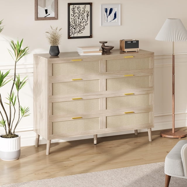 Kojooin Commode à 8 Tiroirs, Coffre en Rotin Naturel et Bois, Style Ferme, Chêne