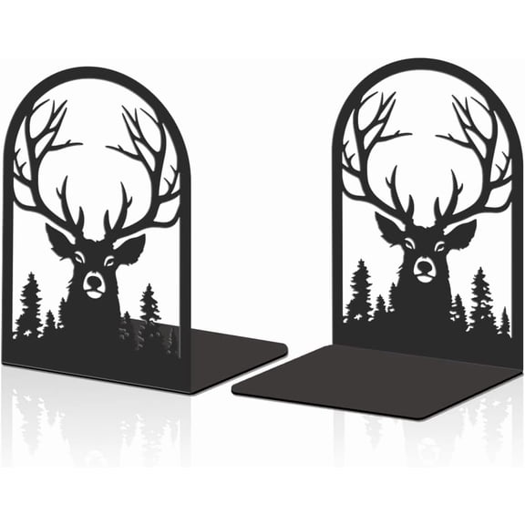 2Pcs Metal Bookends Black Heavy Duty Book Shelf Holders Deer Head Decorative Book Ends Used on Desk for Back to School Christmas