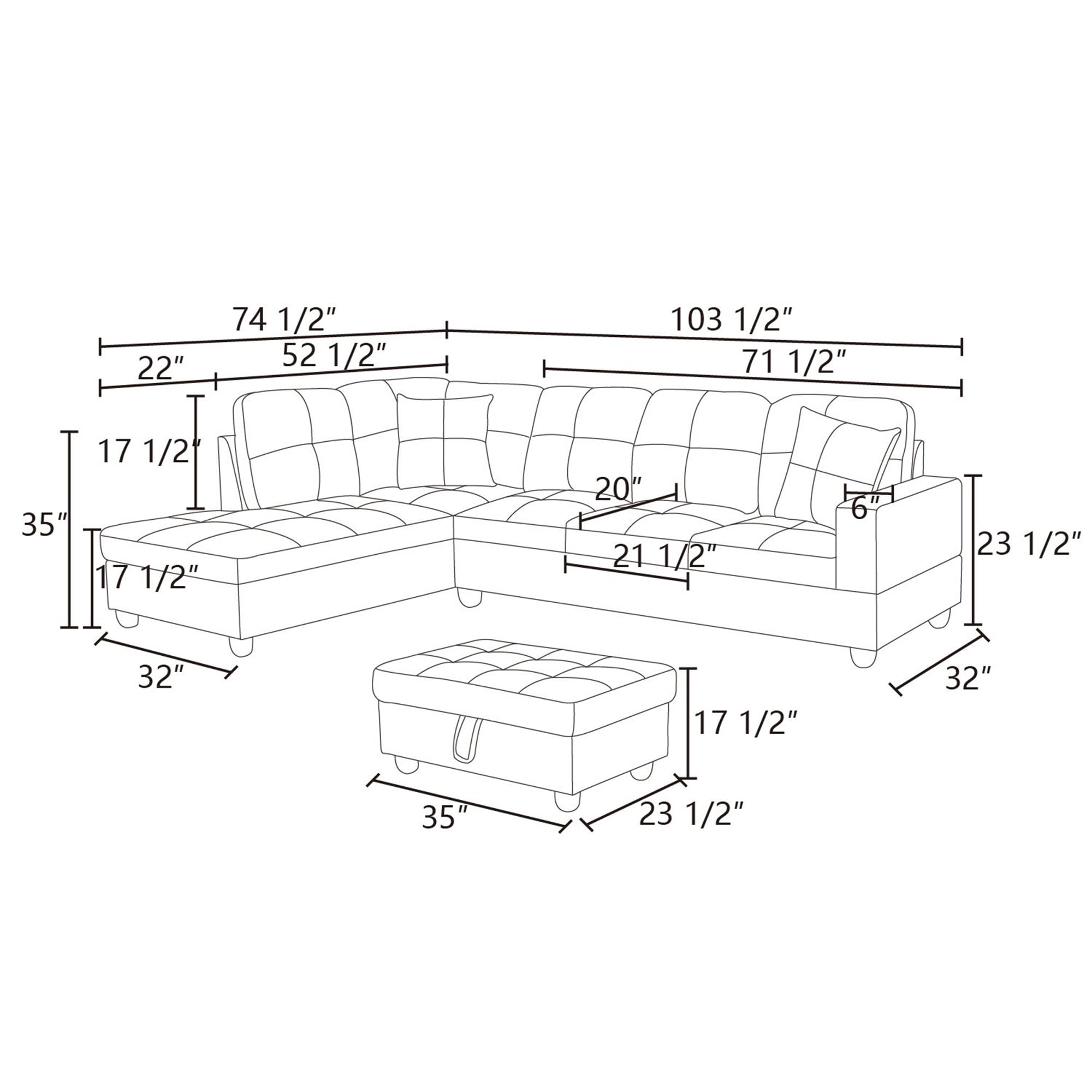 Aukfa Sectional Sofa, 3 Piece Living Room Couch with Storage Ottoman, Left Facing Chaise, Espresso