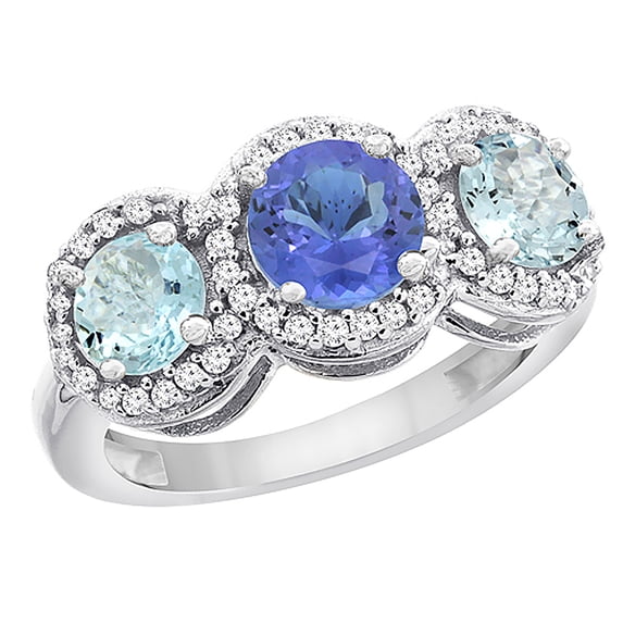 10K White Gold Natural Tanzanite & Aquamarine Sides Round 3-stone Ring Diamond Accents, size 6.5