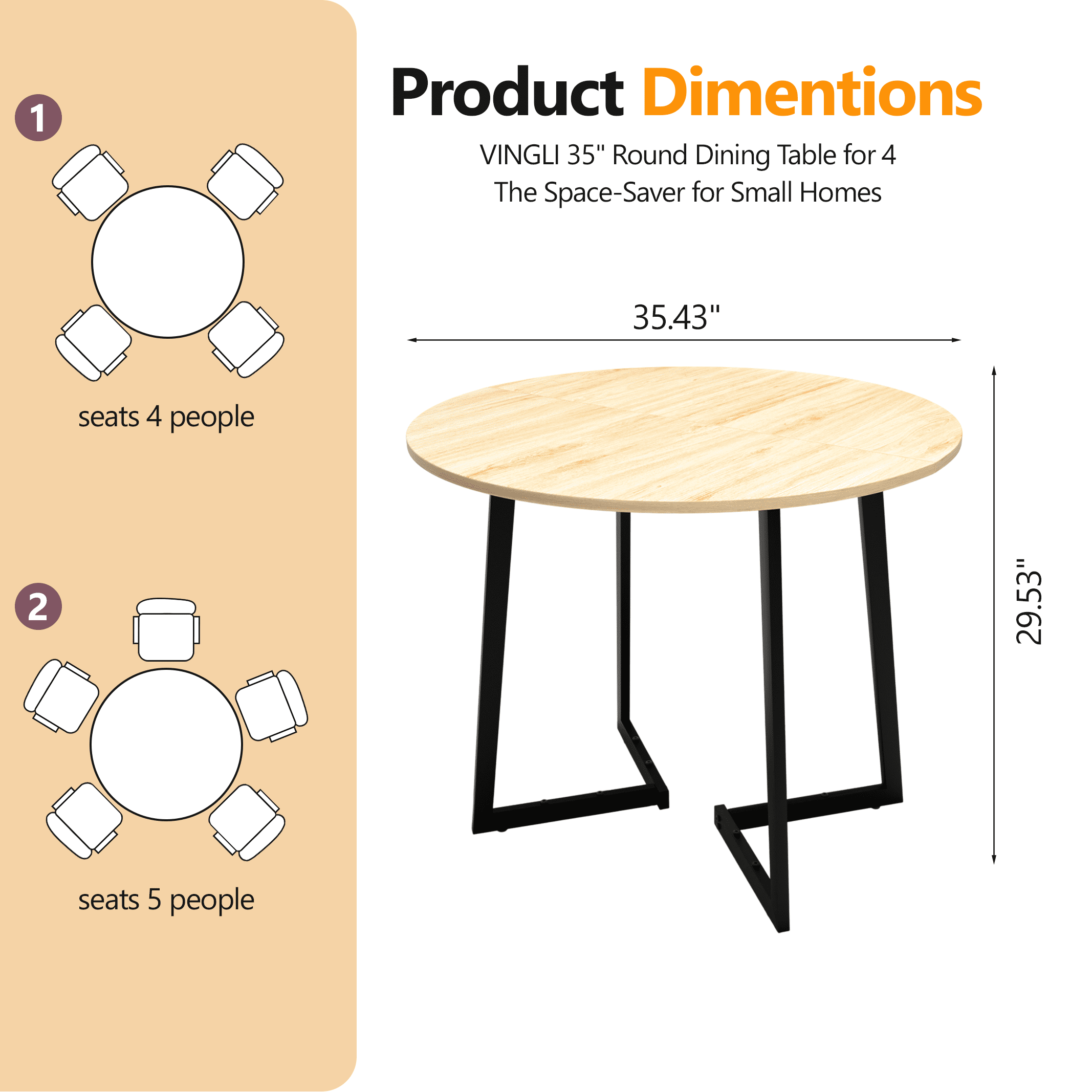 35.43 Inch Half Split Round Dining Table for 4-5 People, Industrial V-Shaped Bend Metal Legs Space Saving Small Kitchen Dinner Table for Apartment, Light Wood Grain