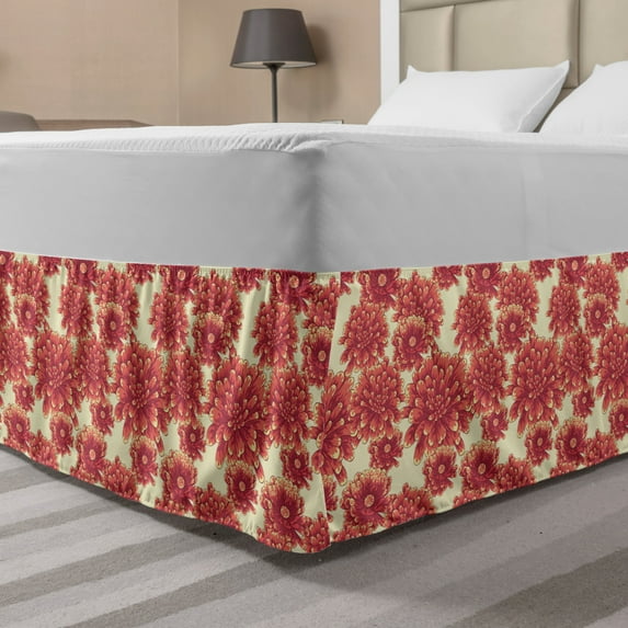 Floral Bed Skirt, Blossoming Petals Dahlia Daisy Flowers Springtime Meadow Buds Girly Retro, Elastic Bedskirt Dust Ruffle Wrap Around for Bedding Decor, 4 Sizes, Cream and Dark Coral, by Ambesonne