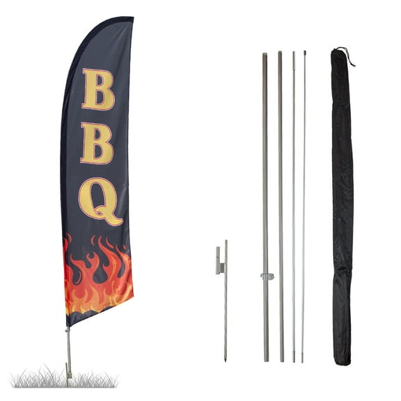 Vispronet - BBQ Feather Flag Kits - 13.5ft Flag Complete Pole Set Ground Stake – Includes Pole Set, Ground Spike, and BBQ Flag